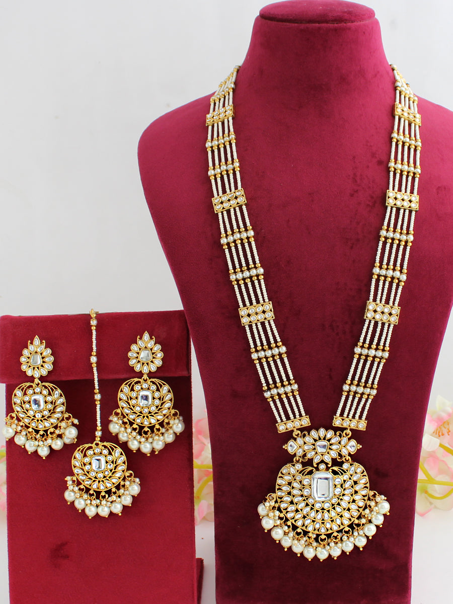 Madiha Long / Ranihaar Necklace Set-Pearl