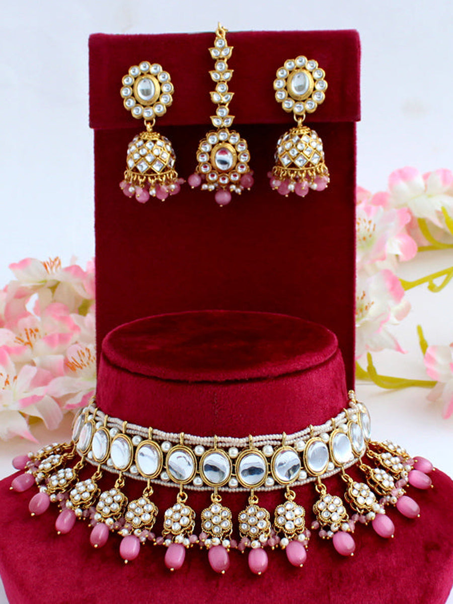 Madiha Kundan Choker Necklace Set-Pink
