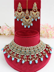 Anushri Polki Bib Necklace Set-Aqua