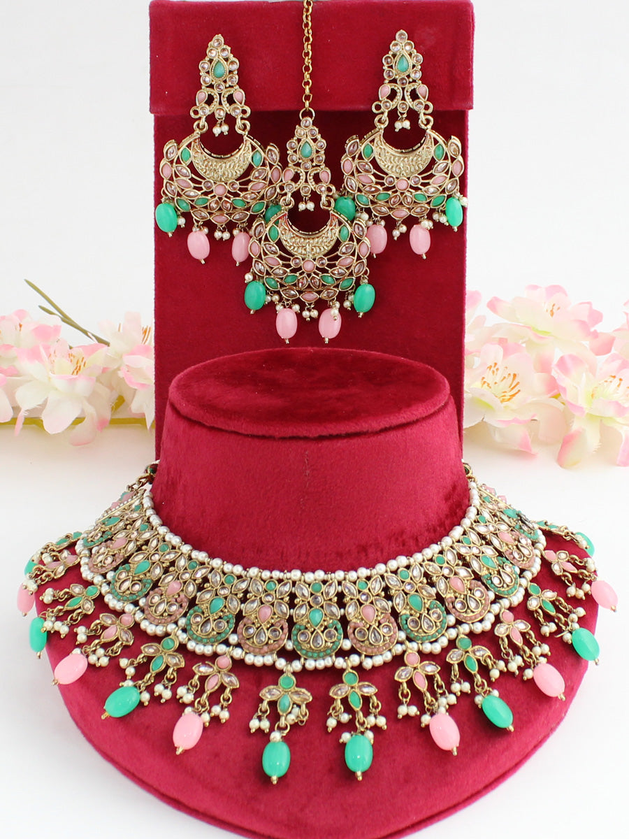 Anushri Polki Bib Necklace Set-Pink/Green