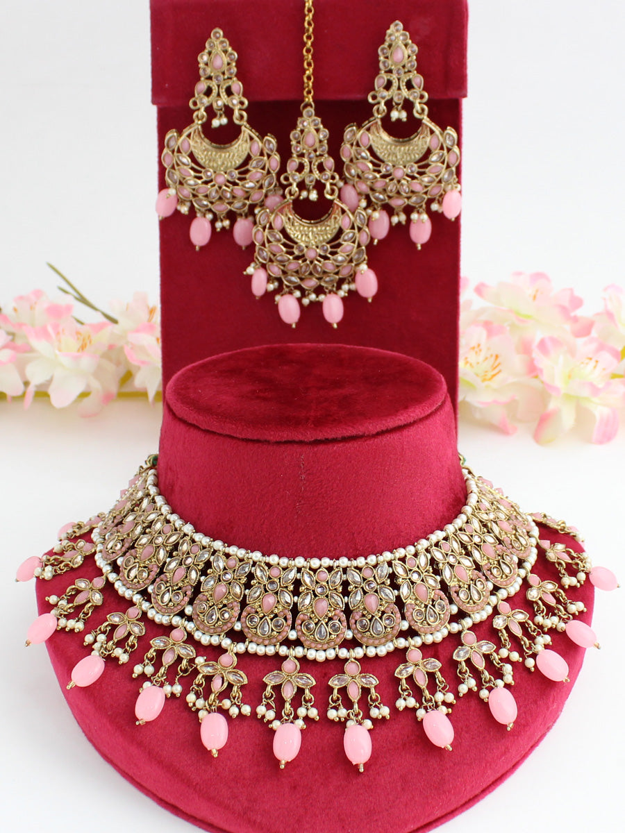 Anushri Polki Bib Necklace Set-Pastel Pink