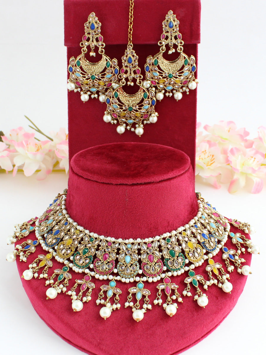 Anushri Polki Bib Necklace Set-Multicolor