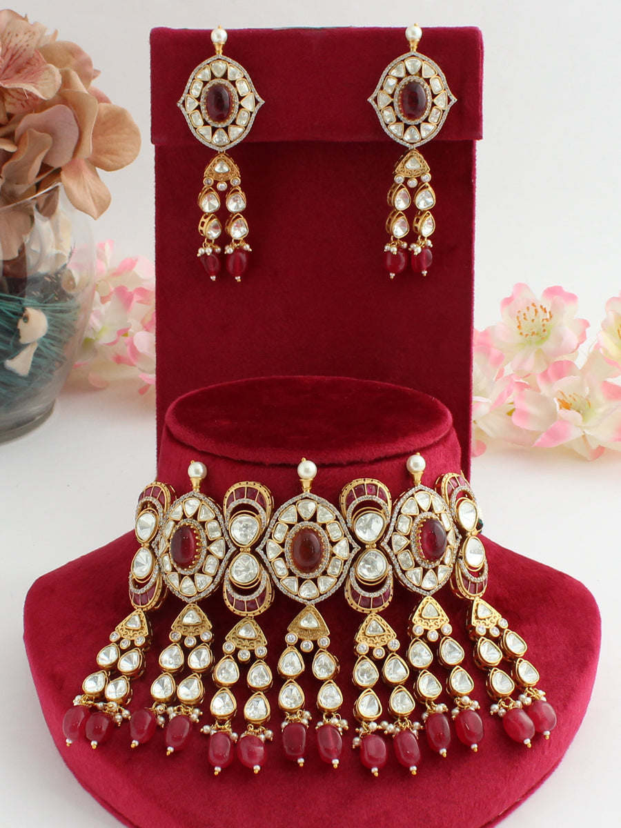 Sreeja Choker Necklace Set-Ruby Pink
