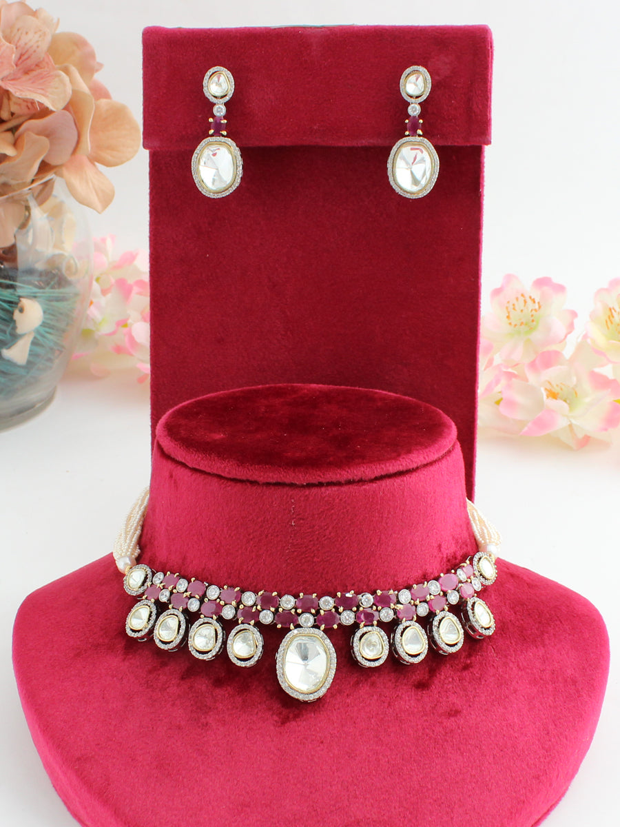 Rishika Choker Necklace Set-Ruby pink