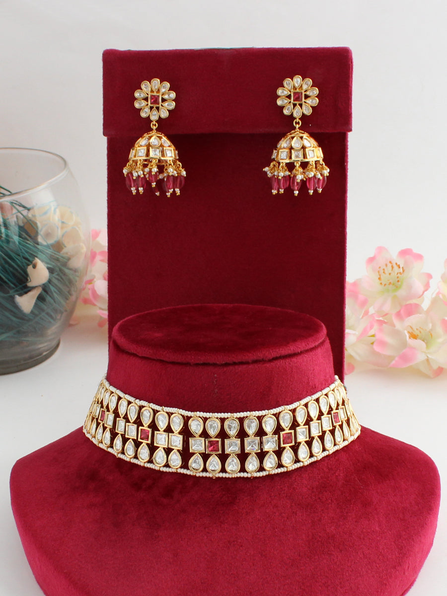 Rushali Choker Necklace Set-Hot Pink