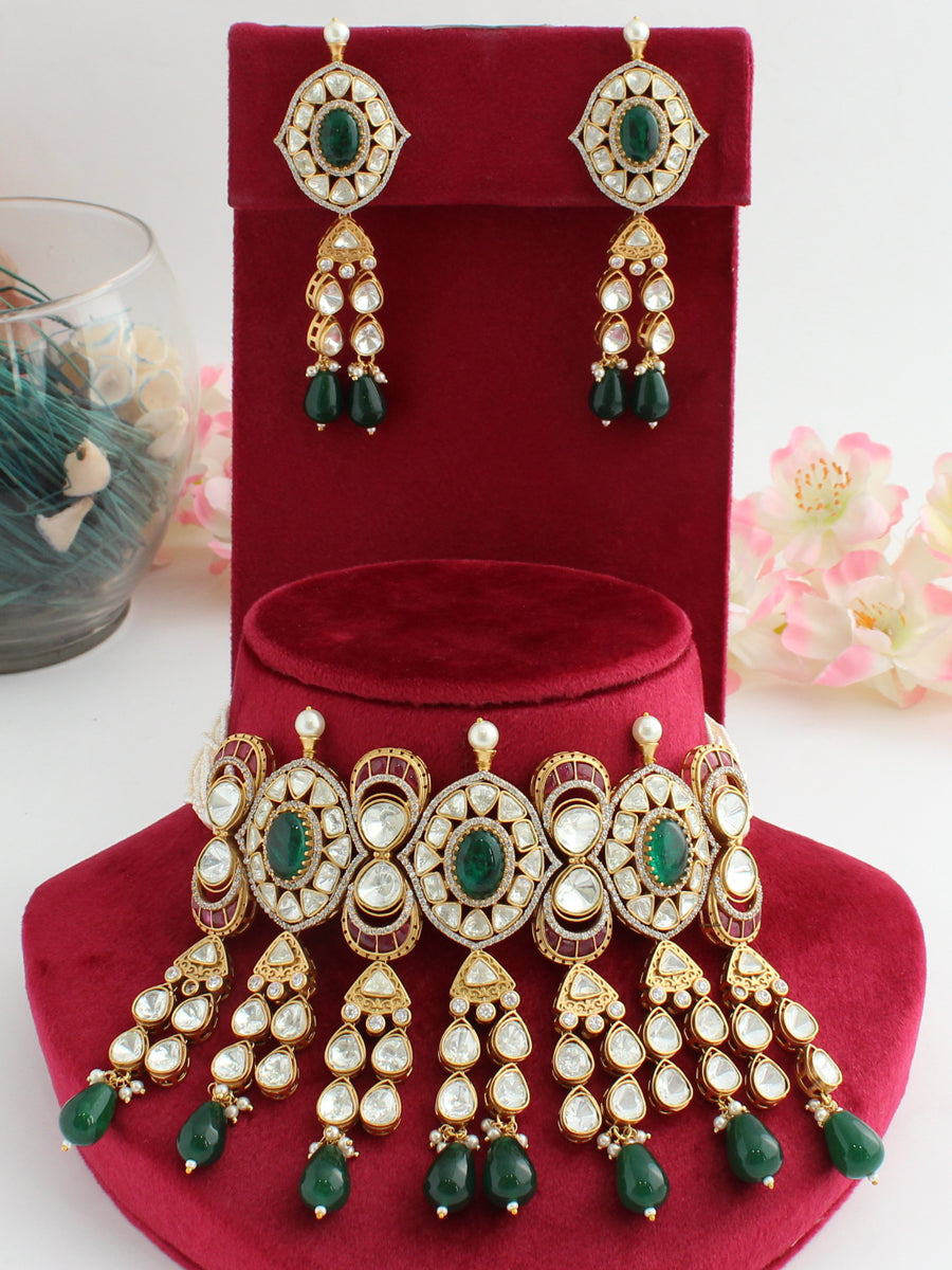 Sreeja Choker Necklace Set-Green