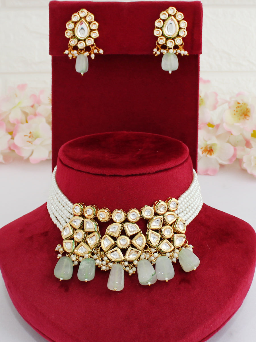 Vaani Kundan Choker Necklace Set-Mint Green