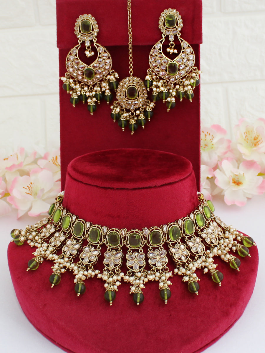 Rubina Choker Necklace Set-Mehndi Green
