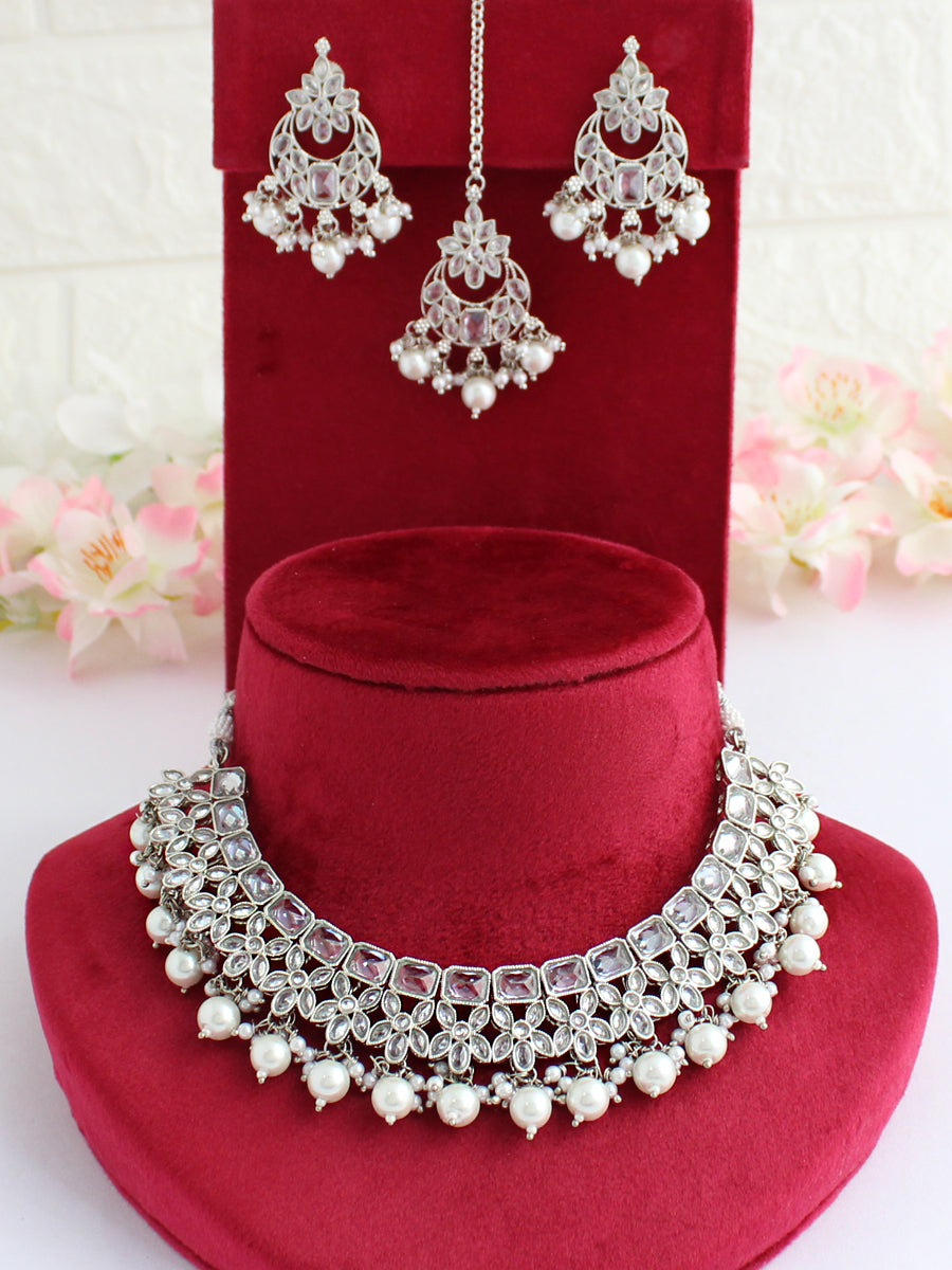 Amayra Bib Necklace Set-Silver
