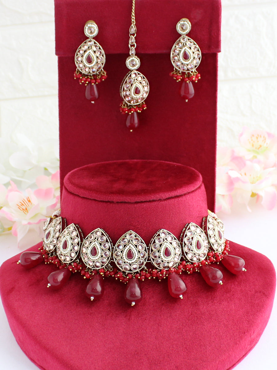 Malika Choker Necklace Set-Maroon