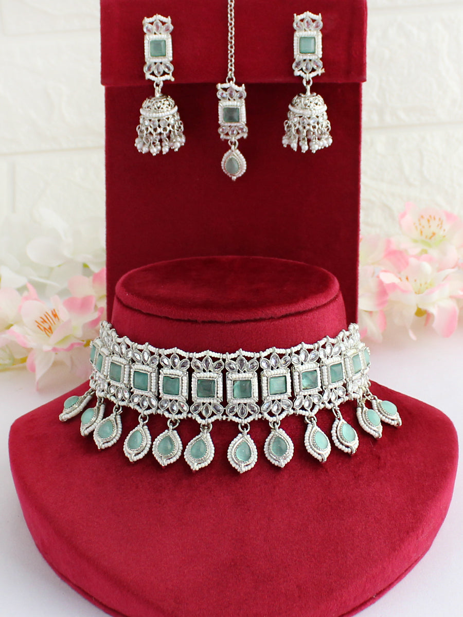 Malishka Choker Necklace Set-Mint Green