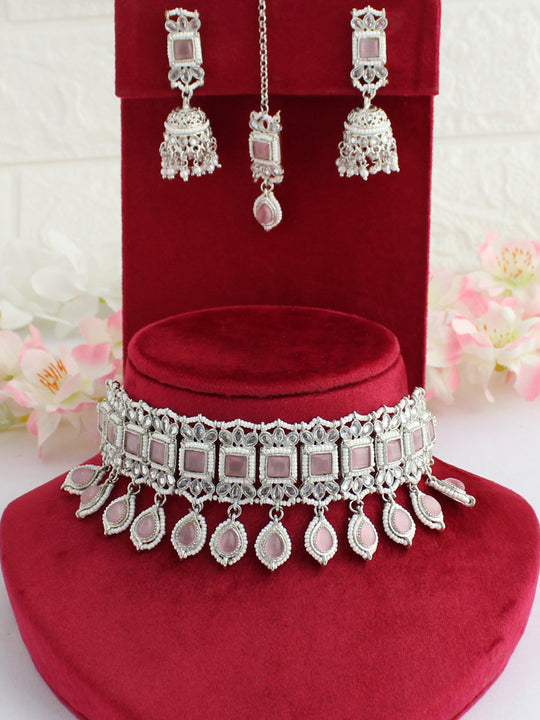 Malishka Choker Necklace Set-Pastel Pink