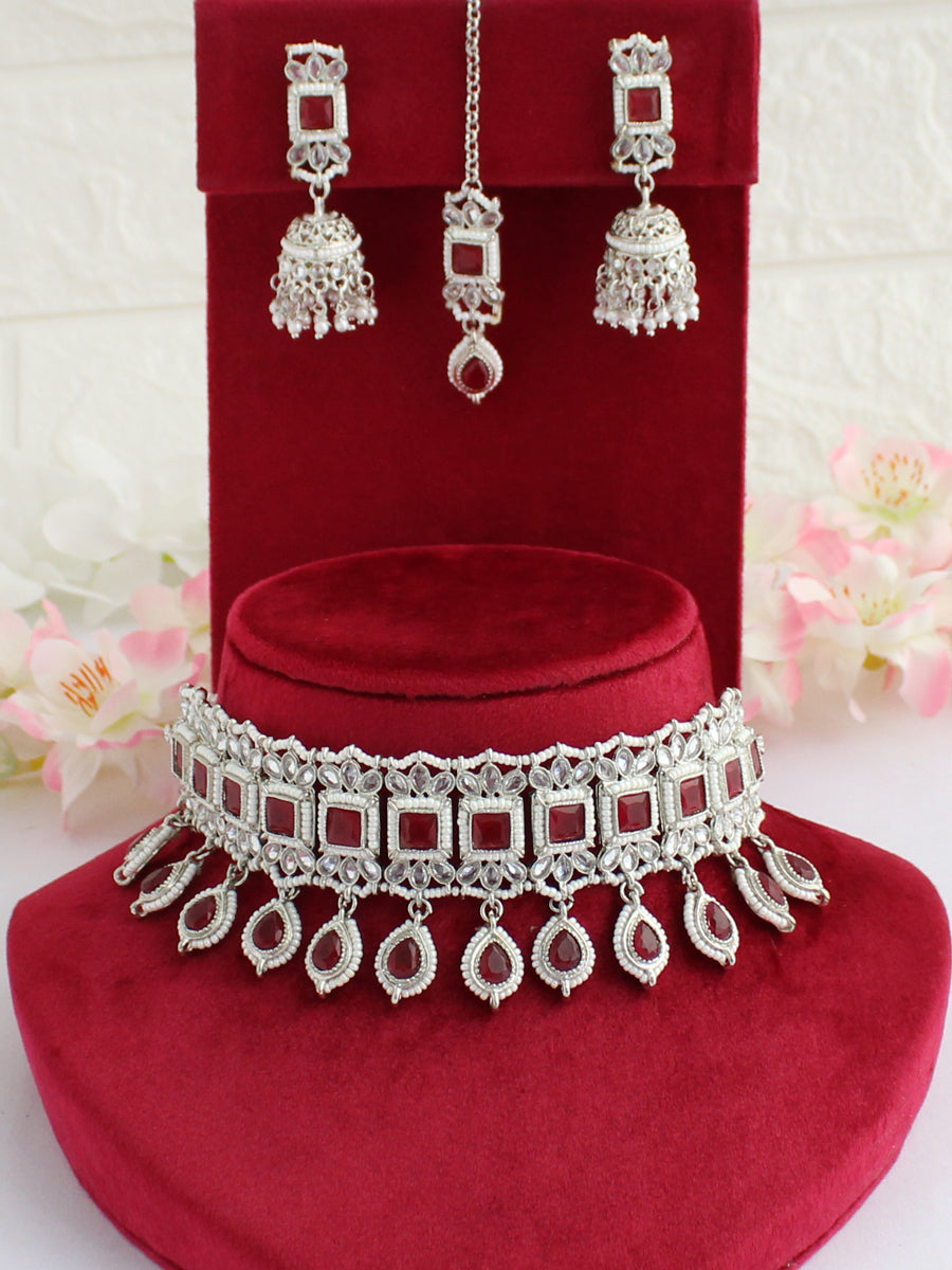 Malishka Choker Necklace Set-Maroon