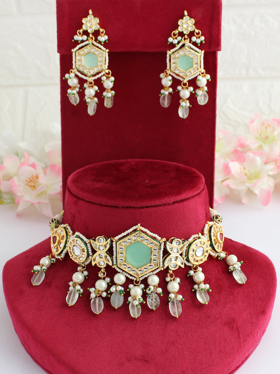 Pranali Choker Necklace Set - Mint Green