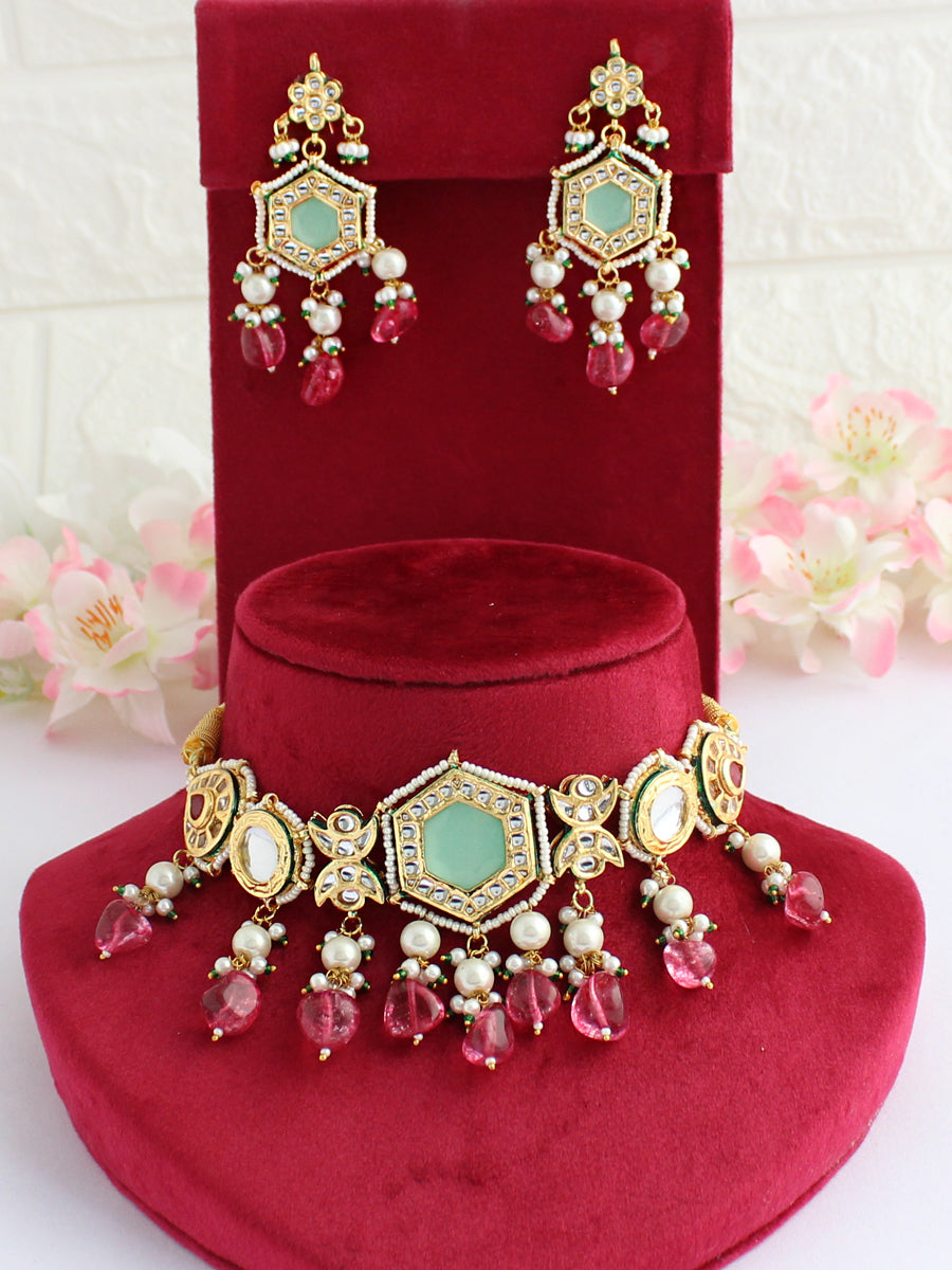 Pranali Choker Necklace Set-Pink