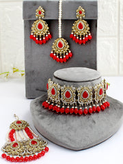 Adhira Choker Necklace Set-Red