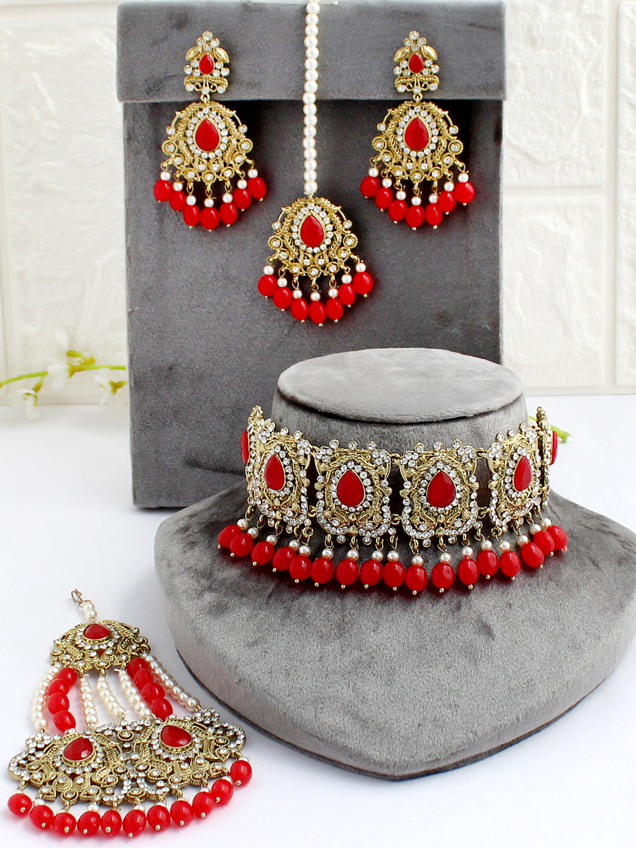 Adhira Choker Necklace Set-Red