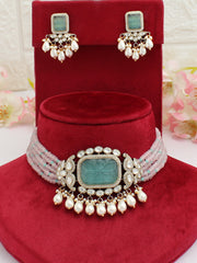 Pranika Choker Necklace Set-Pastel Pink / Mint Green