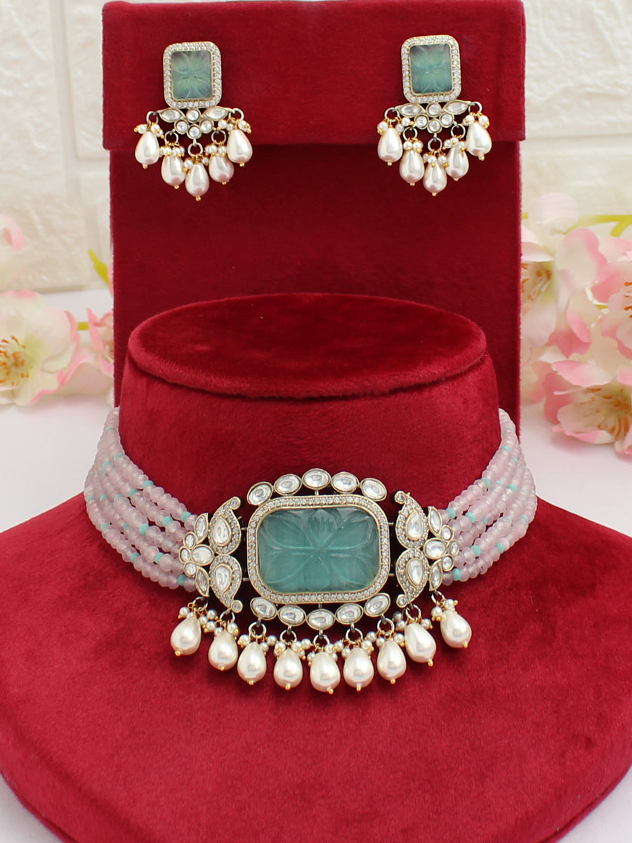 Pranika Choker Necklace Set-Pastel Pink - Mint Green