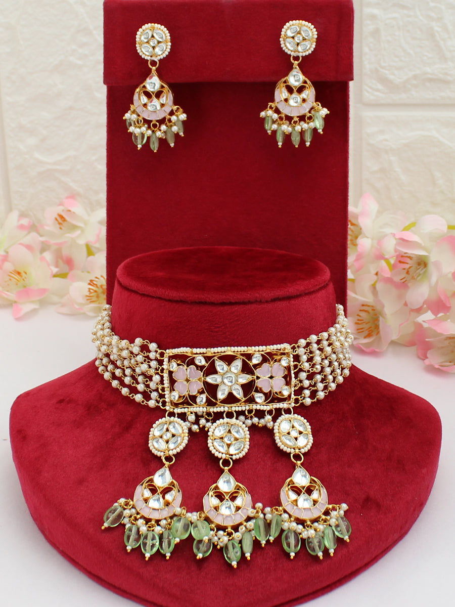 Siddhi Choker Necklace Set-Pastel Pink / Mint Green