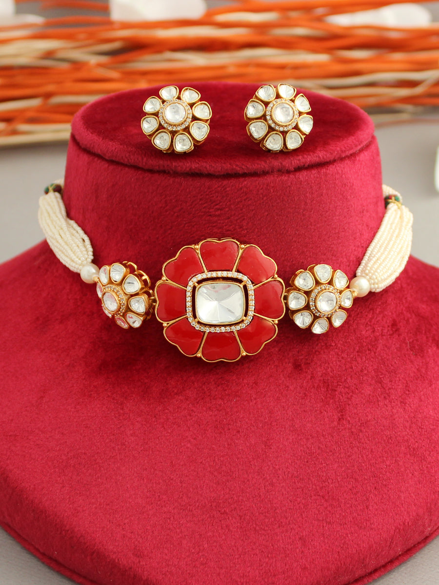 Patiala Choker Necklace Set-Coral