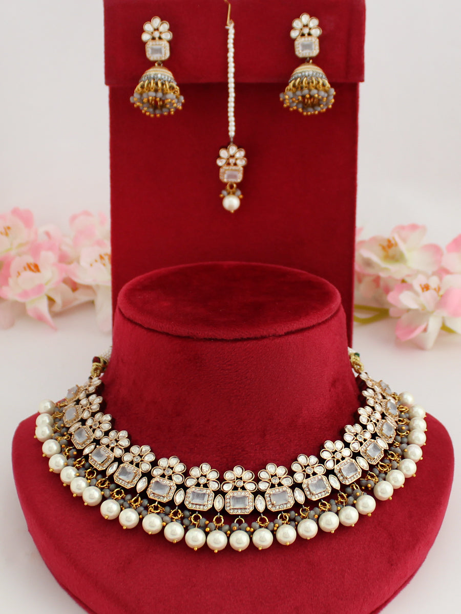 Shikha Bib Necklace Set-Grey