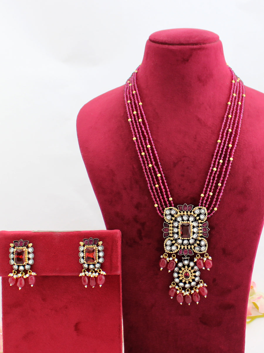 Ubika Long Necklace Set-Maroon