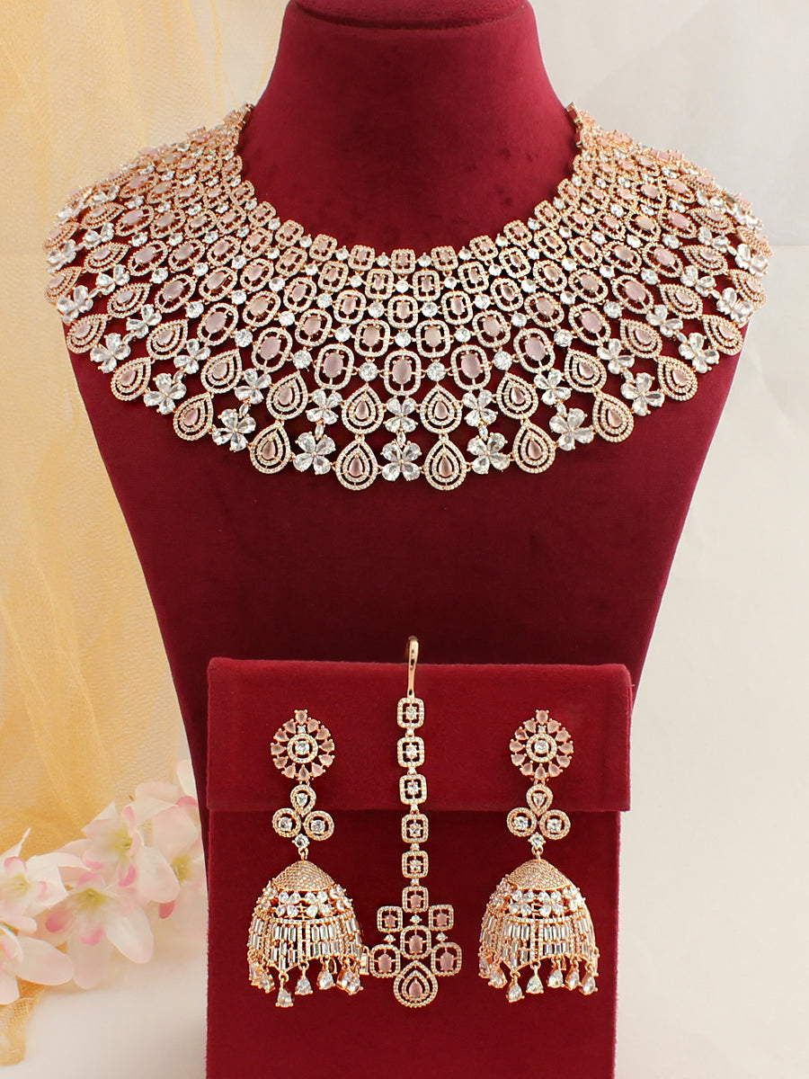 EMMAYA Rose Gold Color Zircon Crystal Bridal Jewelry Sets Leaf Shape Choker  Necklace Earrings Wedding Ornament