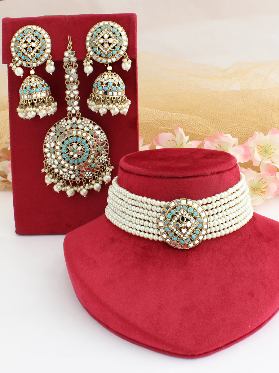 Ishrat Choker Necklace Set-Golden/-Aqua