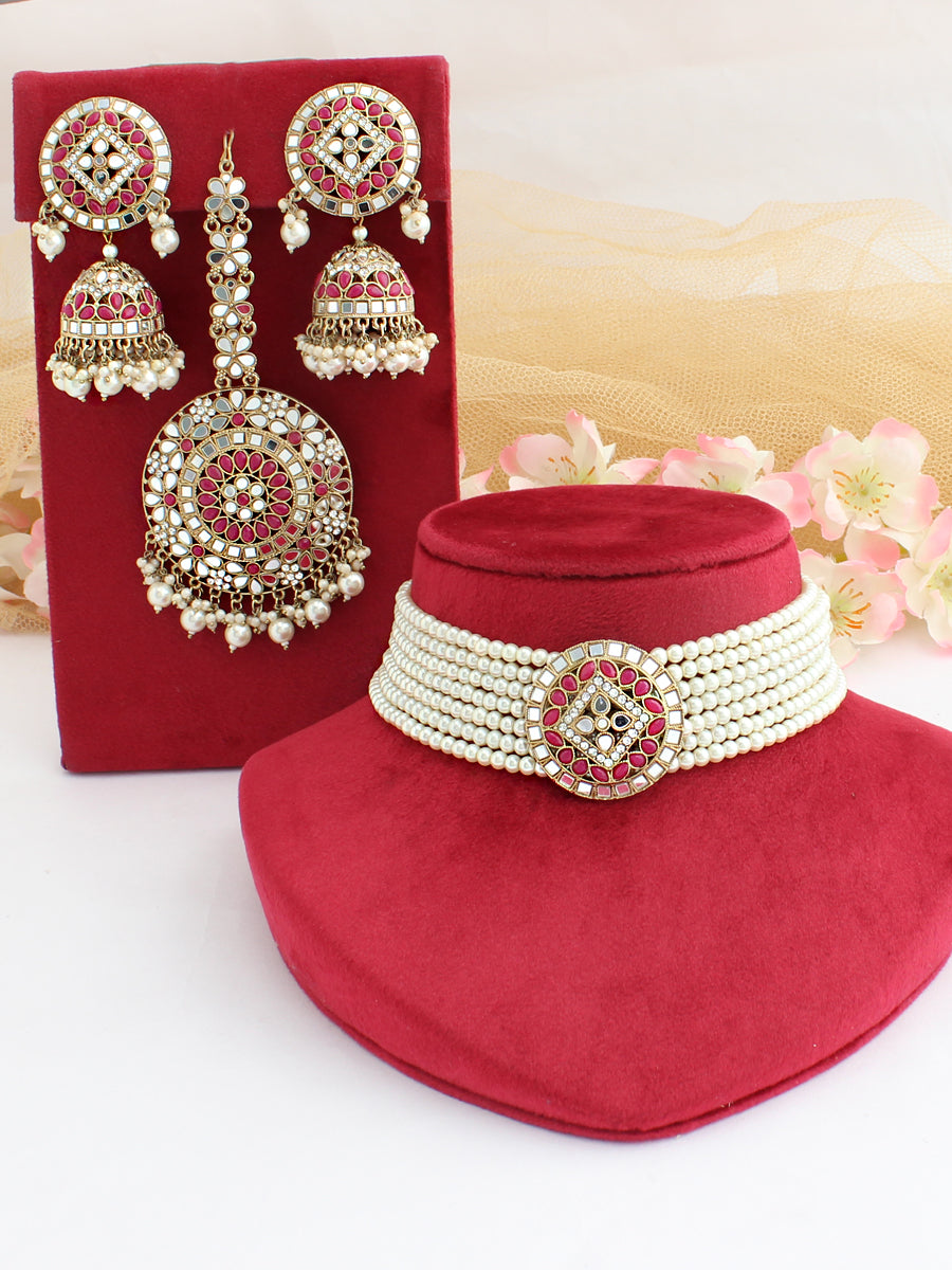 Ishrat Choker Necklace Set-Golden/Hot Pink