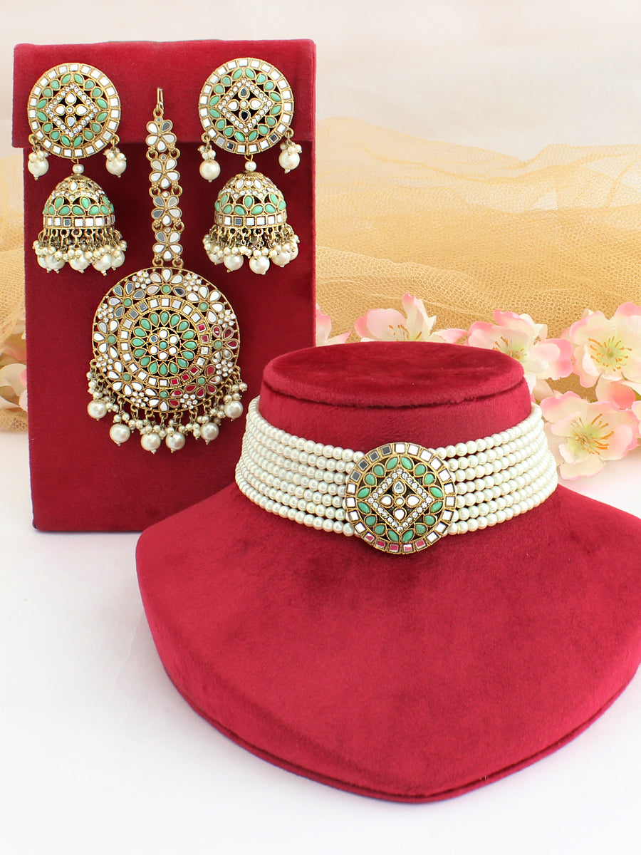 Ishrat Choker Necklace Set-Golden/Mint Green