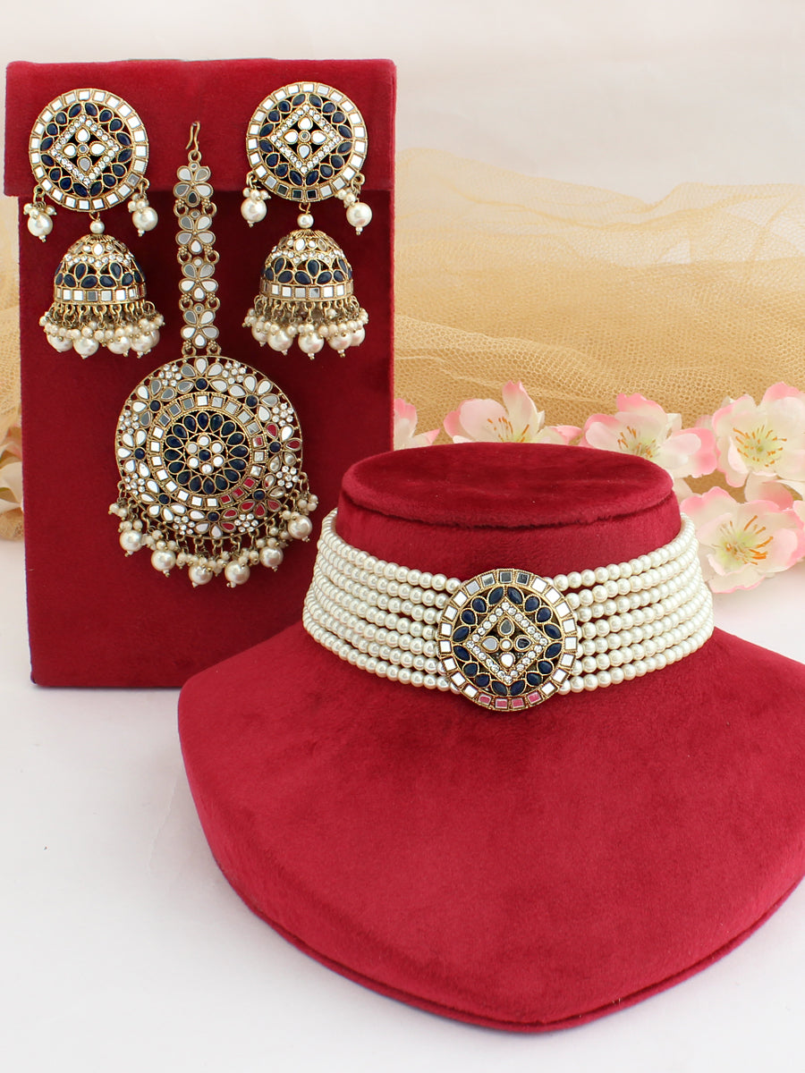 Ishrat Choker Necklace Set-Golden/Blue