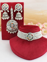 Ishrat Choker Necklace Set-Silver/Multicolor