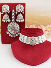 Ishrat Choker Necklace Set-Silver/Pastel Pink