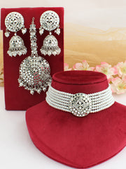 Ishrat Choker Necklace Set-Silver/Silver