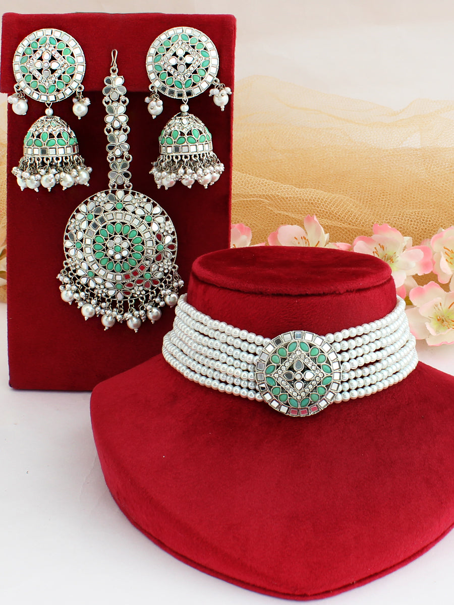 Ishrat Choker Necklace Set-Silver/Mint Green