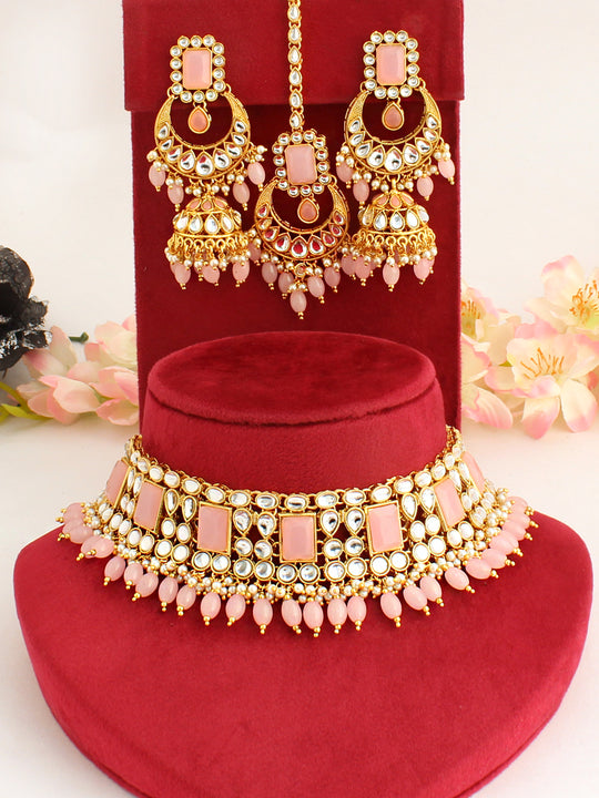 Asmee Choker Necklace Set-pastel Pink