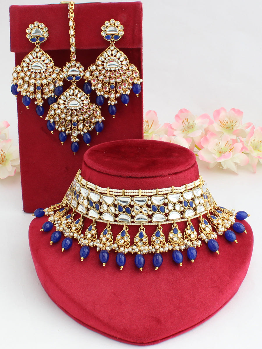 Hania Choker Necklace Set-Blue