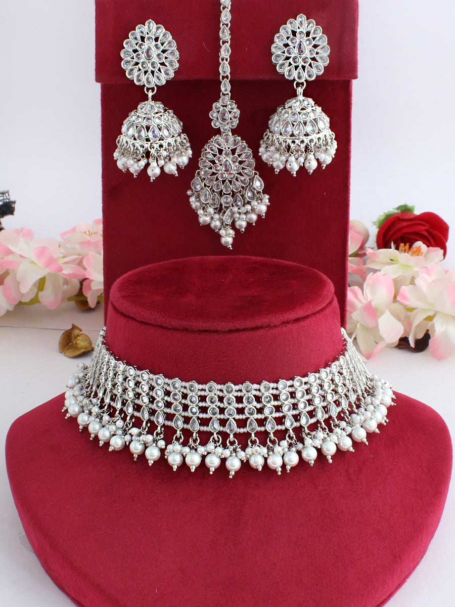 Riffat Choker Necklace Set-Silver