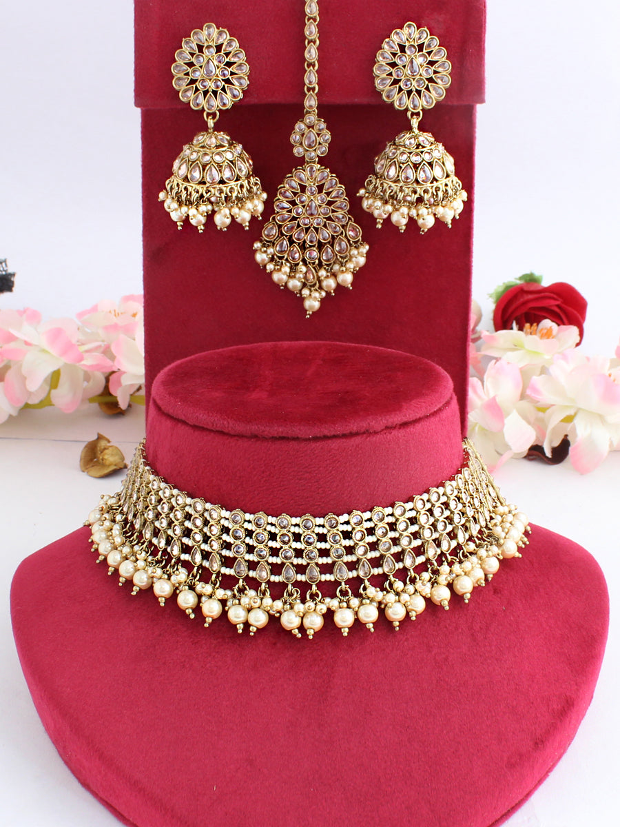 Riffat Choker Necklace Set-Golden