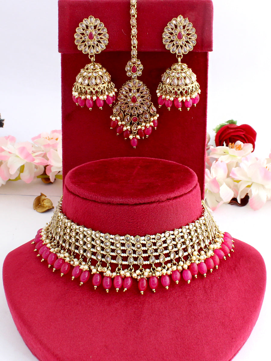 Riffat Choker Necklace Set-Hot Pink