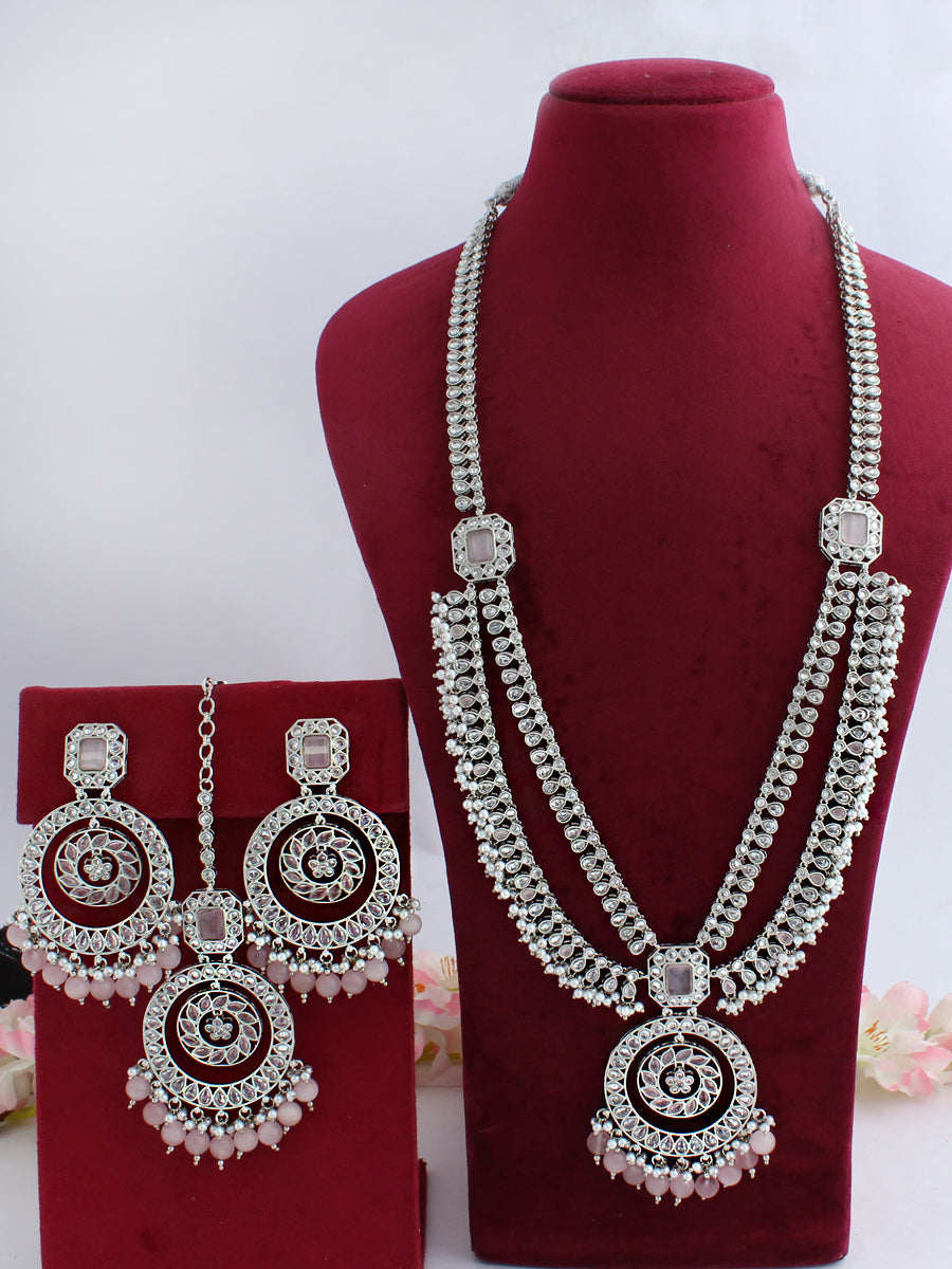 Anamika Long Necklace Set-Pastel Pink