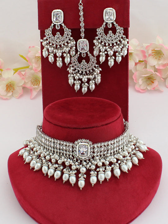 Pakhi Choker Necklace Set-Silver
