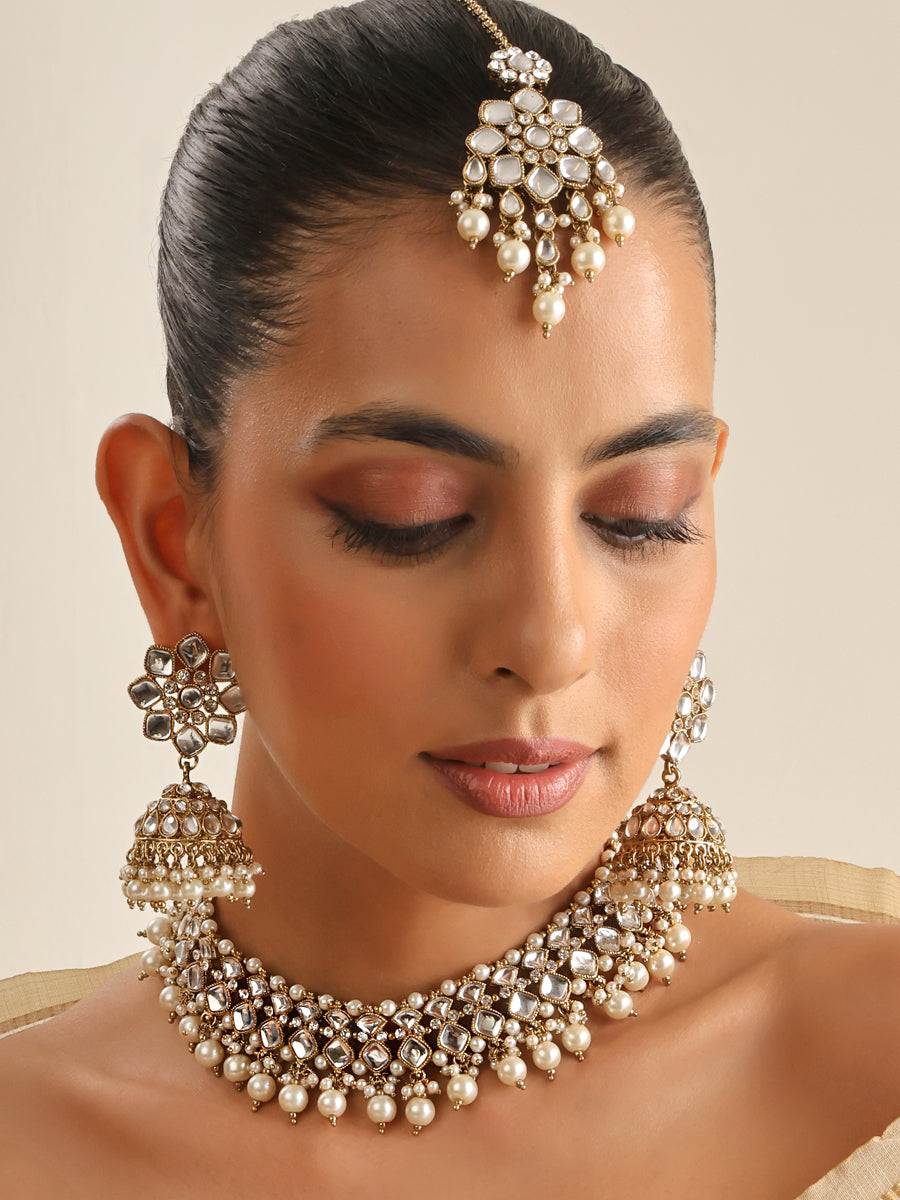 Sneha Bib Necklace Set-Pearl