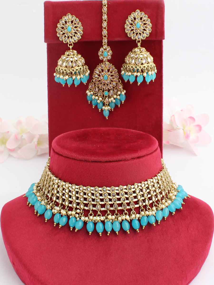 Riffat Choker Necklace Set-Turquoise