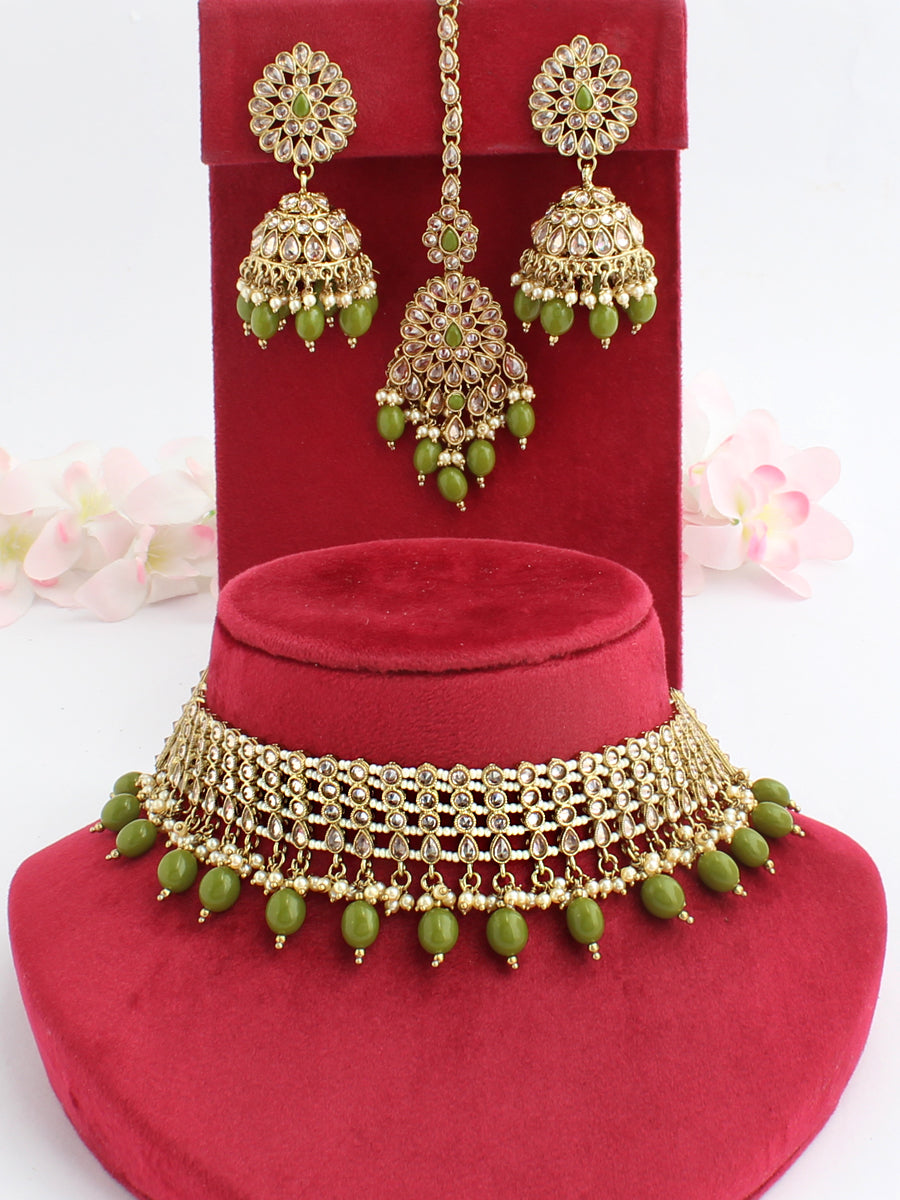 Riffat Choker Necklace Set-Mehndi Green