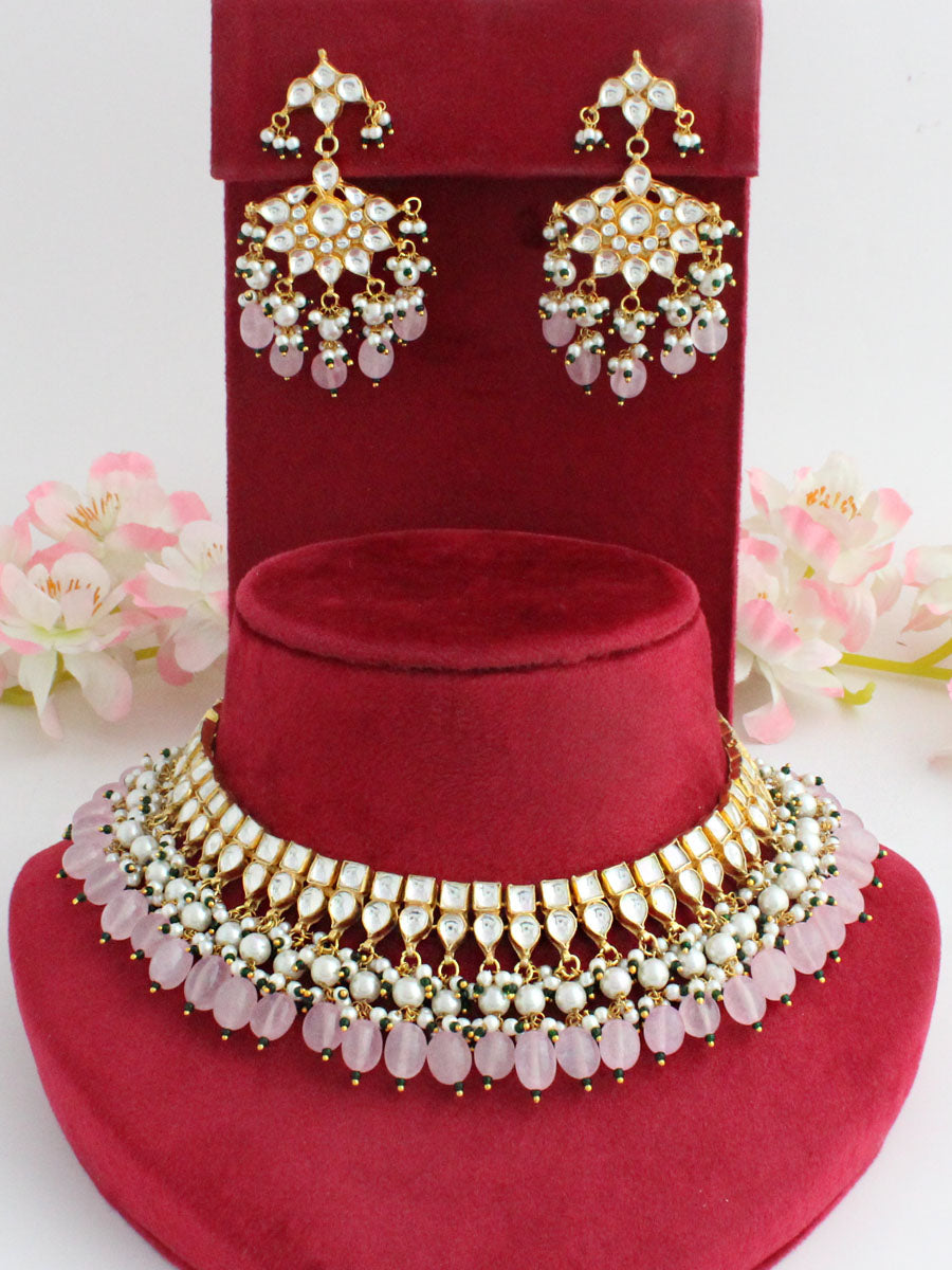 Kiran Bib Necklace Set-Pastel Pink