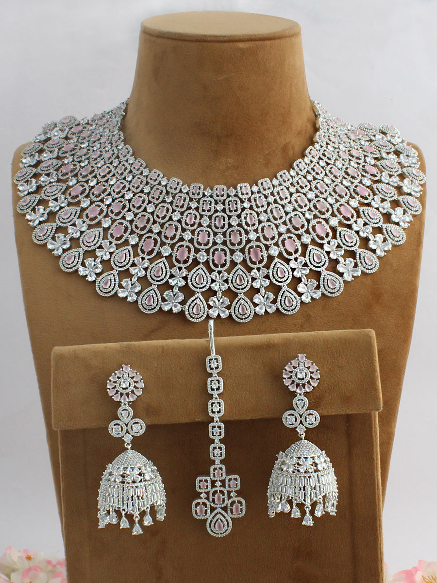 Nayra Bib Necklace Set-Silver/Pastel Pink