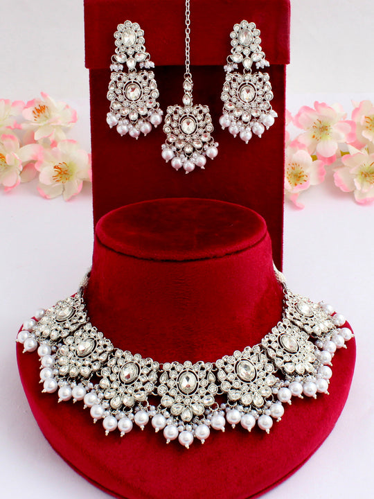 Maheen Bib Necklace Set-Silver