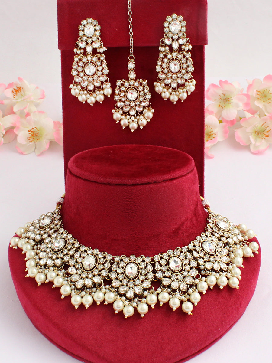 Maheen Bib Necklace Set-Golden